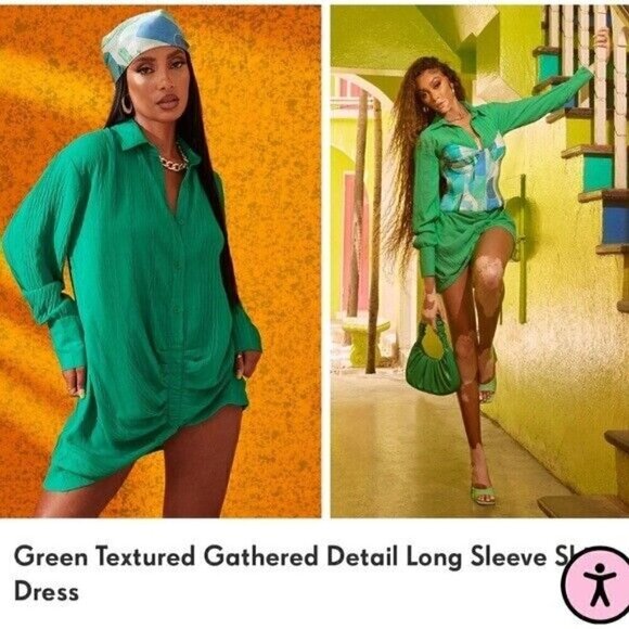 Prettylittlething Green Textured Gathered Detail Long Sleeve Shirt Dress Size 20 - Picture 1 of 13